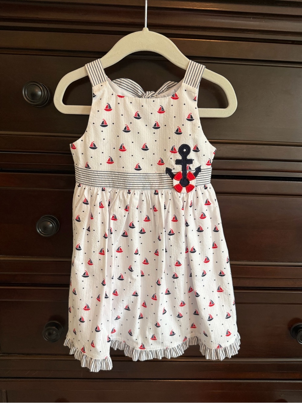 Florence Eiseman White Dress with Red & Navy Sailboat Print